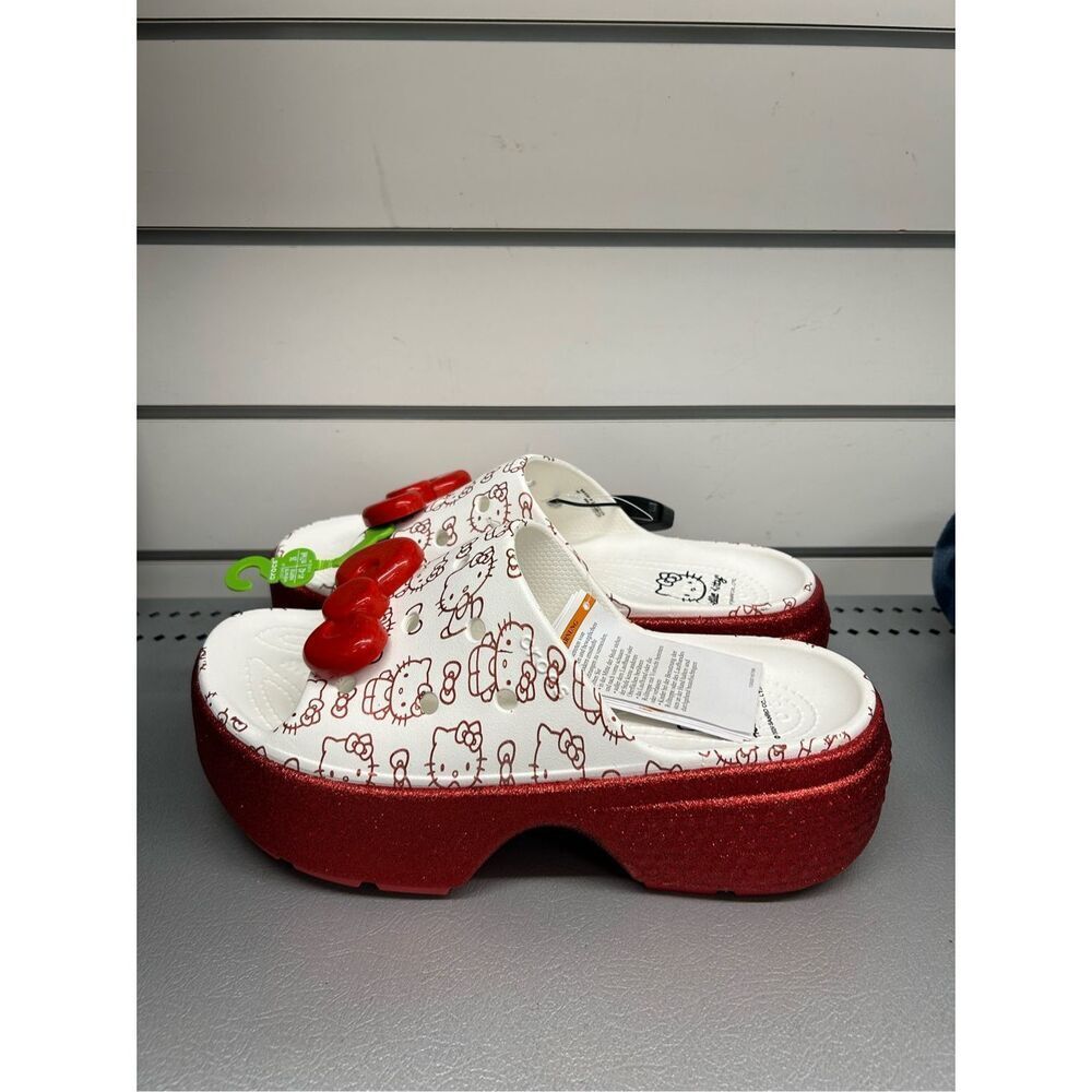 Crocs Women’s Hello Kitty Stomp Slides White Red Shiny Soles Platforms Sz 10 US